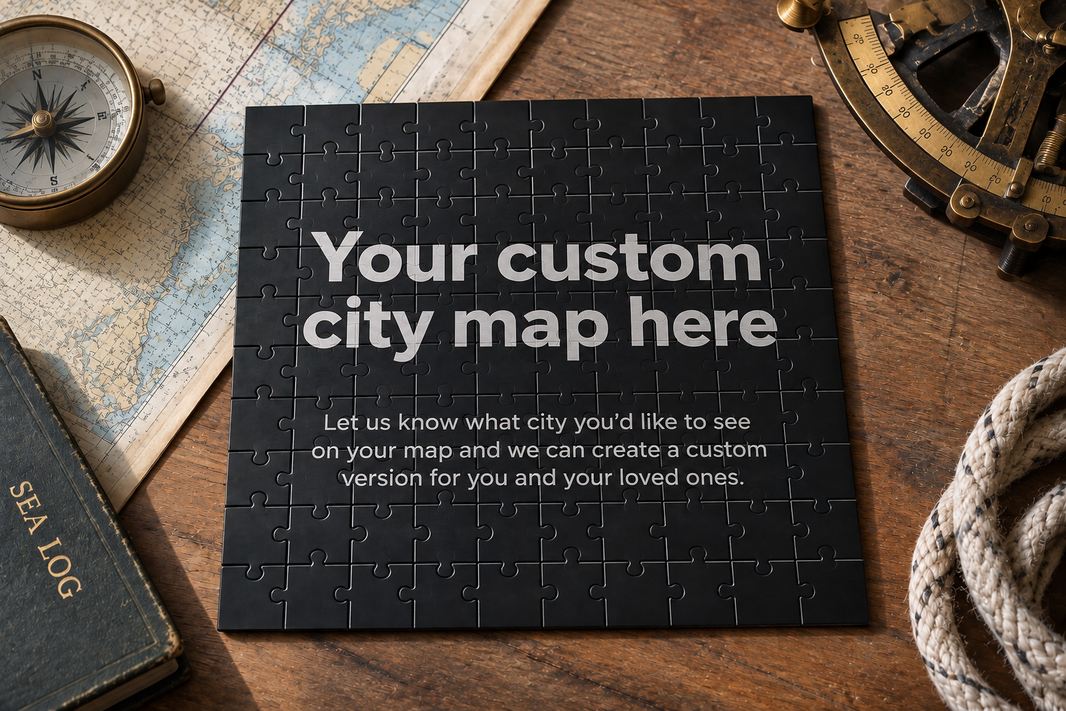 Custom city map metal puzzle concept on a wooden table