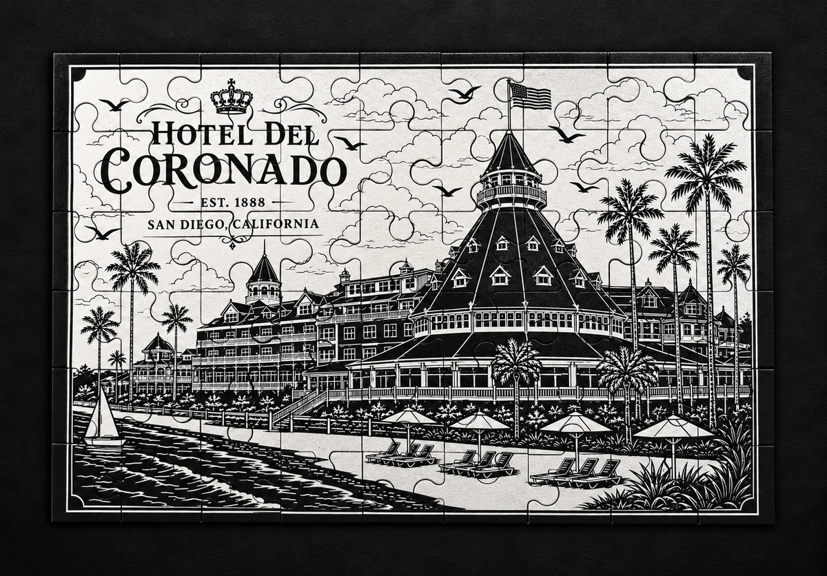 Black and white Hotel del Coronado metal jigsaw puzzle showing the historic beachfront hotel, palm trees, and beach chairs.