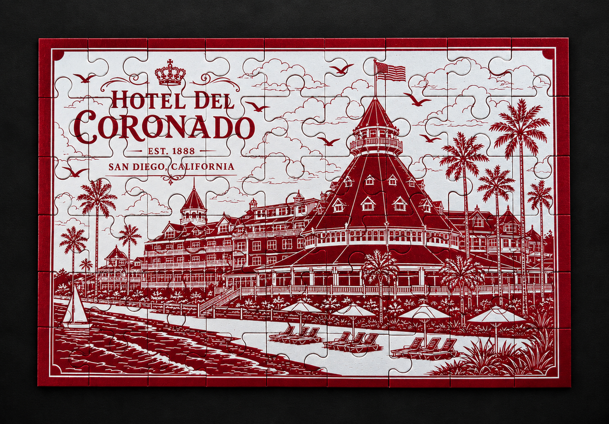 Assembled red Hotel del Coronado metal jigsaw puzzle with white etched artwork of the hotel and beachfront, viewed from above.