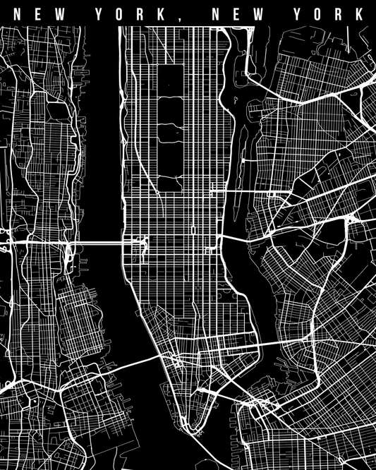 Black and white minimalist city map metal puzzle of New York City, with the text 'NEW YORK, NEW YORK' at the top and white street lines on a black background.