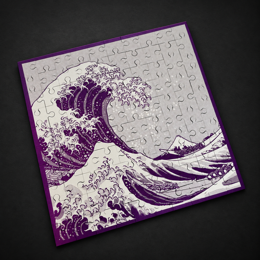 Purple anodized aluminum Great Wave metal jigsaw puzzle inspired by Hokusai’s iconic Japanese artwork.