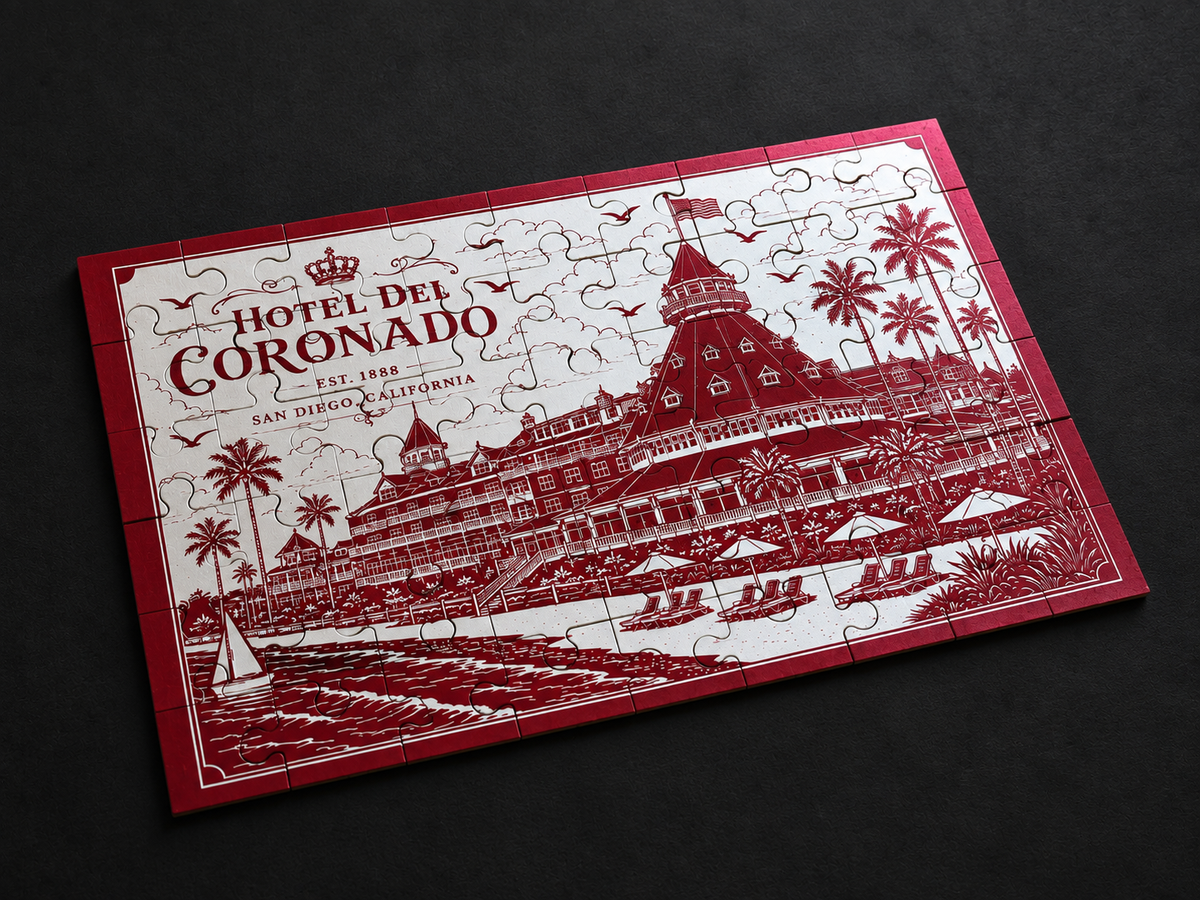 Red Hotel del Coronado metal jigsaw puzzle with an etched beachfront hotel illustration, lying flat at an angle on a dark surface.