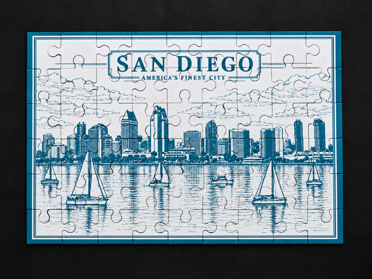 Light blue San Diego skyline metal jigsaw puzzle with etched waterfront buildings and sailboats, viewed from above on a dark background.