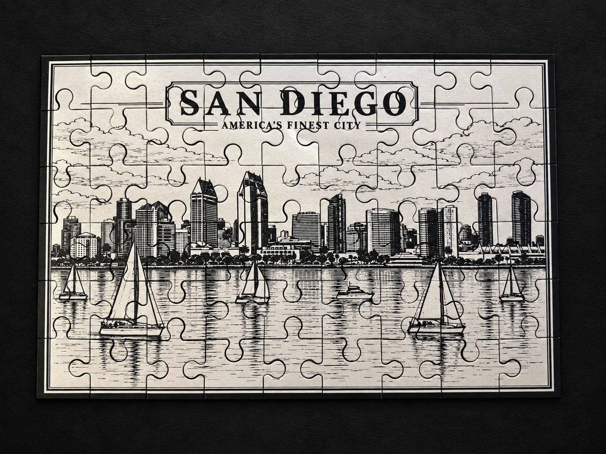 Black and white San Diego skyline metal jigsaw puzzle with waterfront buildings and sailboats, viewed from above on a dark surface.