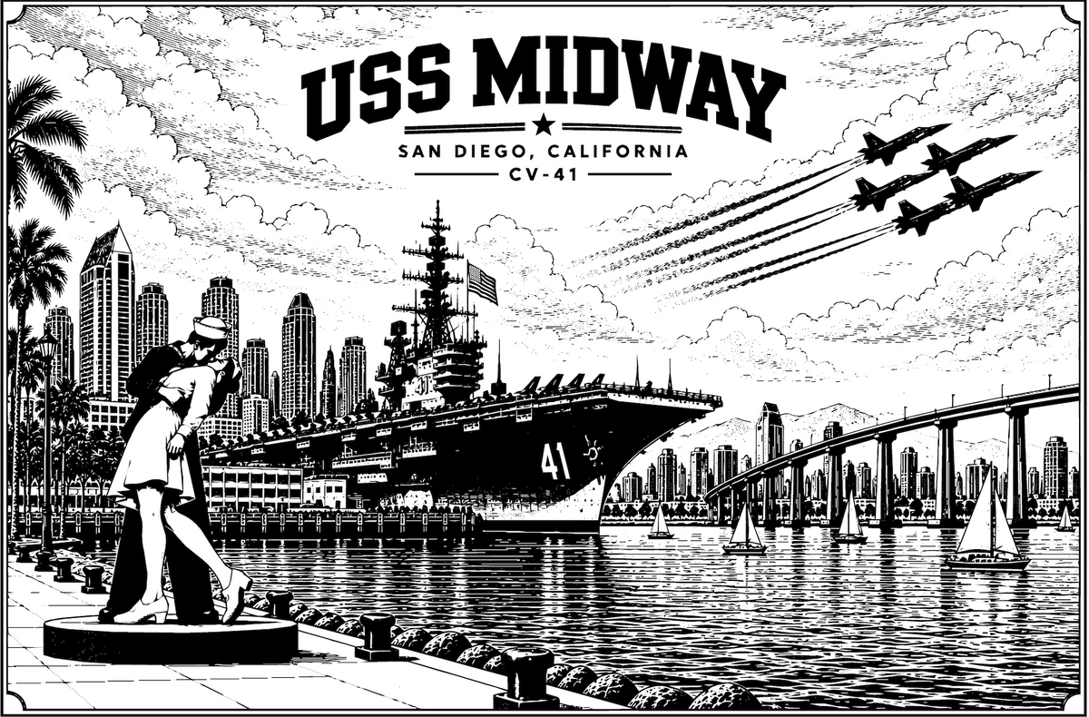 Black and white USS Midway puzzle artwork showing the aircraft carrier, San Diego skyline, kissing statue, Coronado Bridge, and jets over the bay.