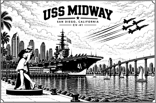 Black and white USS Midway puzzle artwork showing the aircraft carrier, San Diego skyline, kissing statue, Coronado Bridge, and jets over the bay.